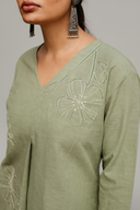 Sage Green Hand Embroidered Cotton Pleated Co-ord Set (set of 2)