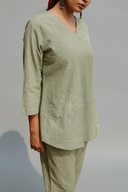 Sage Green Hand Embroidered Cotton Pleated Co-ord Set (set of 2)