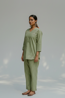 Sage Green Hand Embroidered Cotton Pleated Co-ord Set (set of 2)