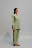 Sage Green Hand Embroidered Cotton Pleated Co-ord Set (set of 2)