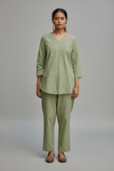 Sage Green Hand Embroidered Cotton Pleated Co-ord Set (set of 2)