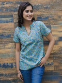 Turquoise Hand Block Printed Cotton Top