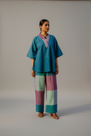 Teal Handloom Cotton Antifit Co-ord Set with Flared Pants (set of 2)