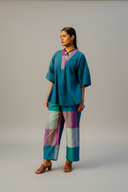 Teal Handloom Cotton Antifit Co-ord Set with Flared Pants (set of 2)