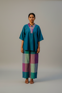 Teal Handloom Cotton Antifit Co-ord Set with Flared Pants (set of 2)