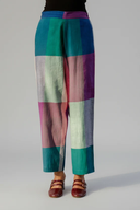 Teal Checks Handloom Cotton Flared Pants