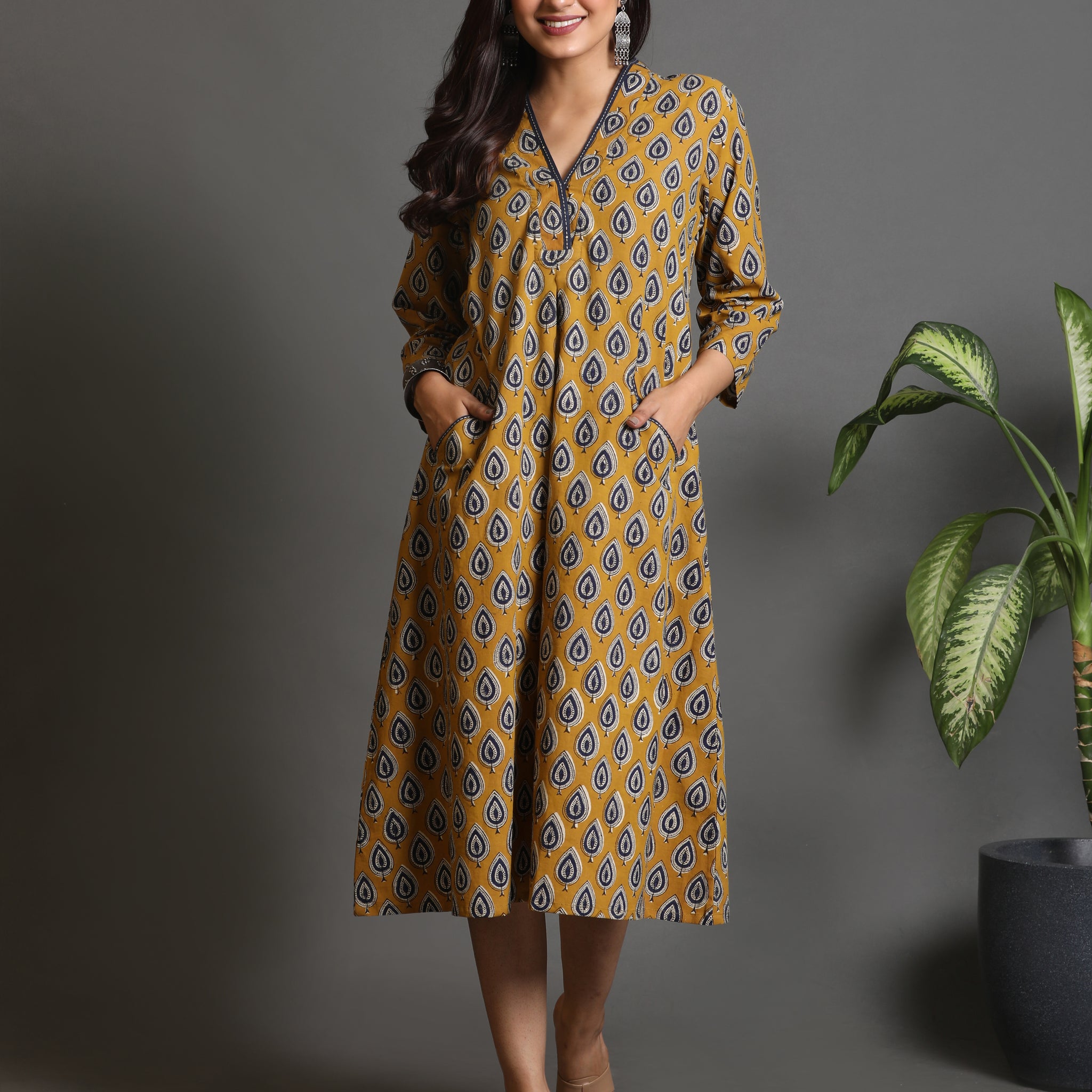 Mustard Dabu Print A Line Dress With Kantha Detailing