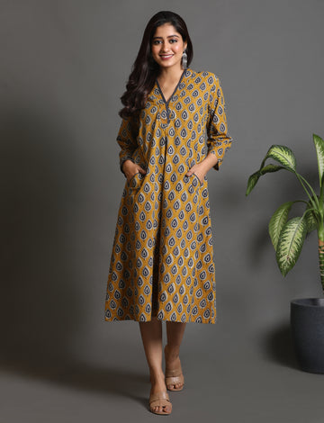 Mustard Dabu Print A Line Dress With Kantha Detailing