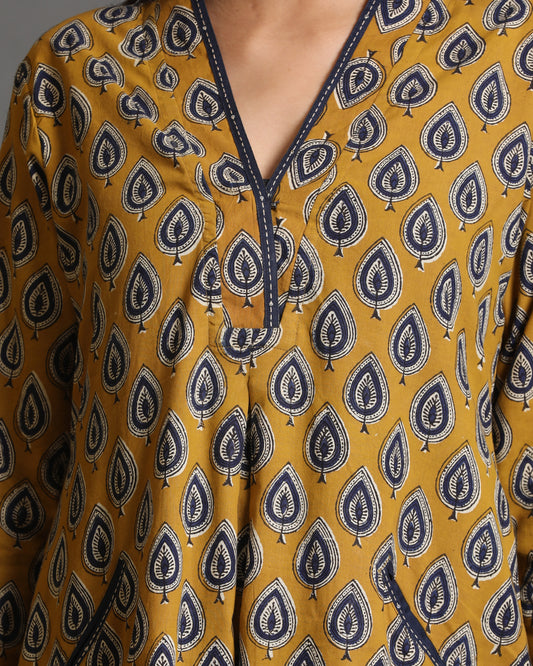 Mustard Dabu Print A Line Dress With Kantha Detailing