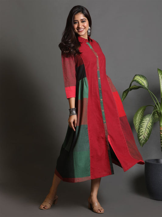 Red-Green Hand Woven Long Gather Dress With Kantha Hand Embroidery Detailing