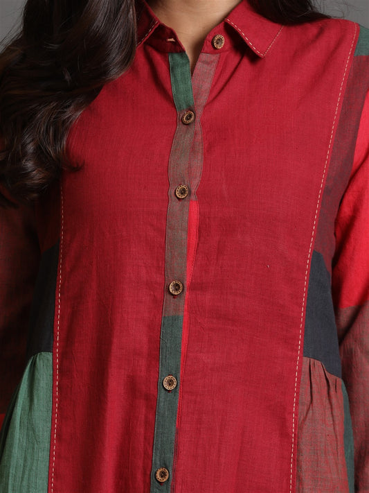 Red-Green Handwoven Long Gather Dress with Hand Embroidery Detailing