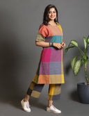 Mustard Multicolour Checks Handloom Cotton Antifit Kurta Set (set of 2)