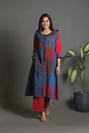Red-Blue Checks Hand Embroidered Handloom Cotton Half & Half Kurta Set with Red Flared Pants (set of 2)