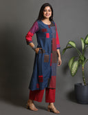 Red-Blue Checks Hand Embroidered Handloom Cotton Half & Half Kurta Set with Red Flared Pants (set of 2)