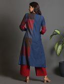 Red-Blue Checks Hand Embroidered Handloom Cotton Half & Half Kurta Set with Red Flared Pants (set of 2)