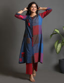 Red-Blue Checks Hand Embroidered Handloom Cotton Half & Half Kurta Set with Red Flared Pants (set of 2)
