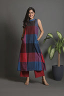 Red-Blue Checks Handloom Cotton Halter Neck Kurta Set with Red Flared Pants (set of 2)
