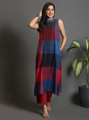 Red-Blue Checks Handloom Cotton Halter Neck Kurta Set with Red Flared Pants (set of 2)
