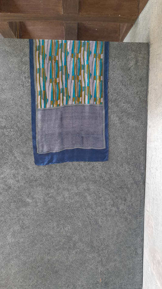 Blue Green Strip Block Printed Silk Stole