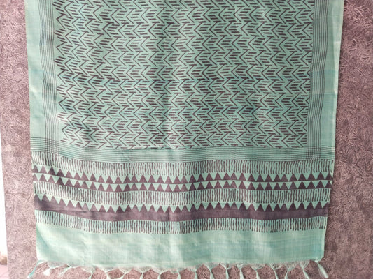 Turquoise Blue Zig Zag Block Printed Tussar Silk Dupatta With Fringed