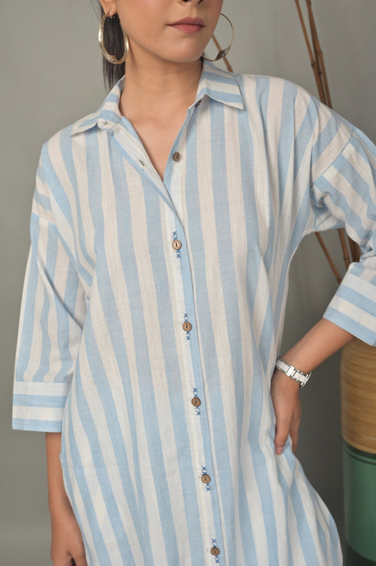 White-Blue Stripe Antifit Dress With Hand Embroidery Detailing