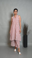White-Red Striped Hand Embroidered Cotton Halter Kurta Set (Set of 2)