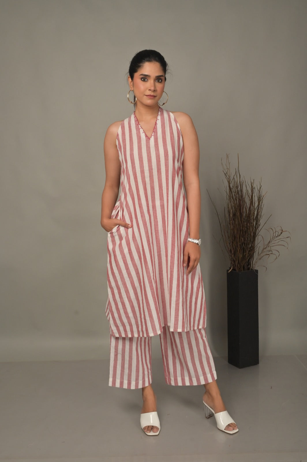 White-Red Stripe Halter Neck Co-ord Set With Kantha Hand Embroidery Detailing
