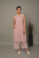 White-Red Striped Hand Embroidered Cotton Halter Kurta Set (Set of 2)