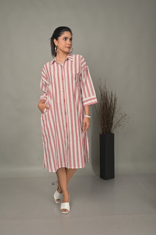 White-Red Stripe Dress With Hand Embroidery Detailing