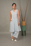 White-Blue Striped Hand Embroidered Cotton Halter Neck Kurta Set (set of 2)