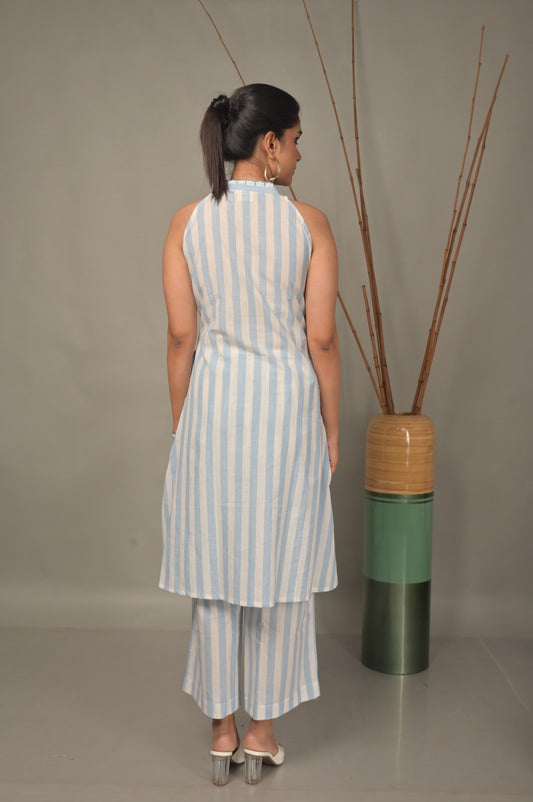 White-Blue Stripe Halter Neck Co-ord Set With Kantha Hand Embroidery Detailing