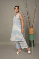 White-Blue Striped Hand Embroidered Cotton Halter Neck Kurta Set (set of 2)