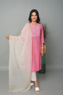 Pink Hand Embroidered Cotton A-Line Kurta Set with White Pants (set of 2)