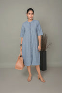 Blue Striped Handloom Cotton Front Open Dress