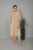 Beige Striped Handloom Cotton Front Open Dress