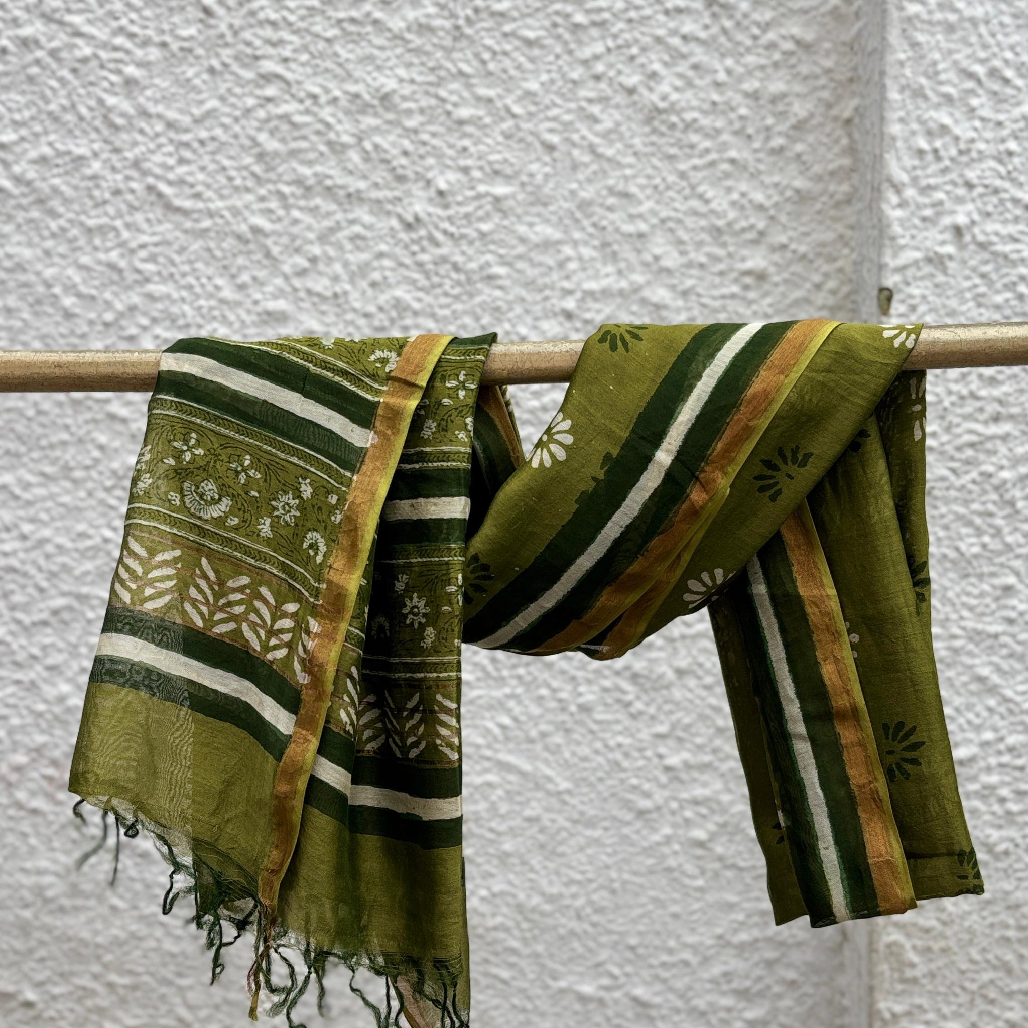 Olive-Floral Hand Block Printed Chanderi Zari Dupatta