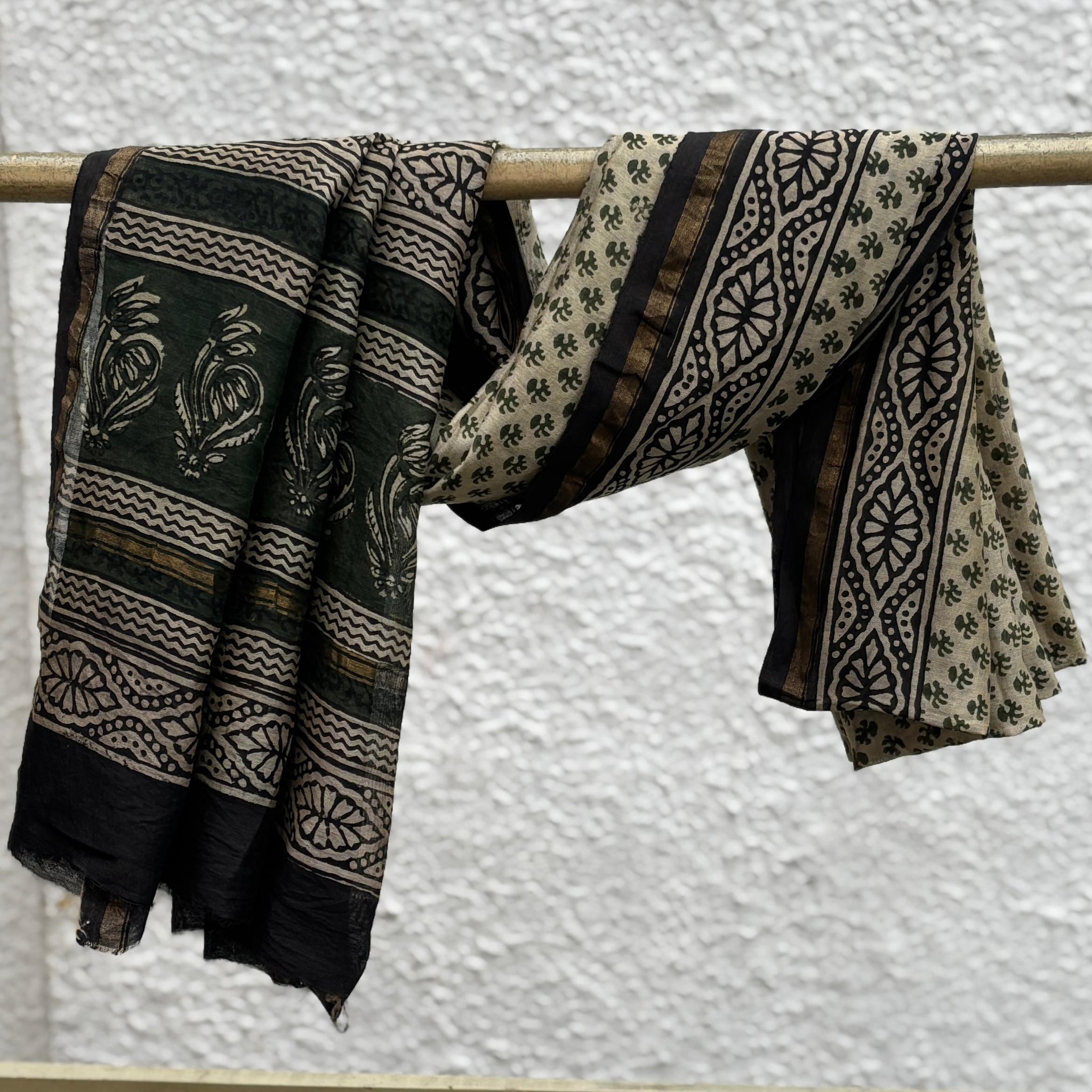 Olive-Beige Hand Block Printed Chanderi Zari Dupatta