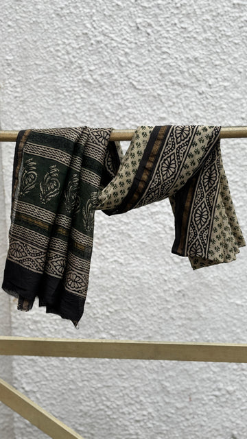 Olive-Beige Hand Block Printed Chanderi Zari Dupatta