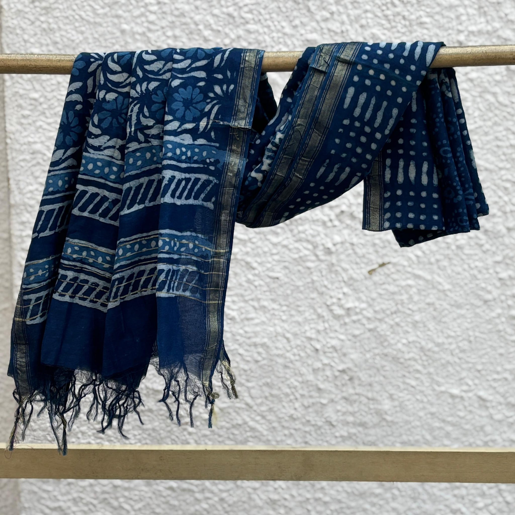 Indigo Floral Hand Block Printed Chanderi Zari Dupatta