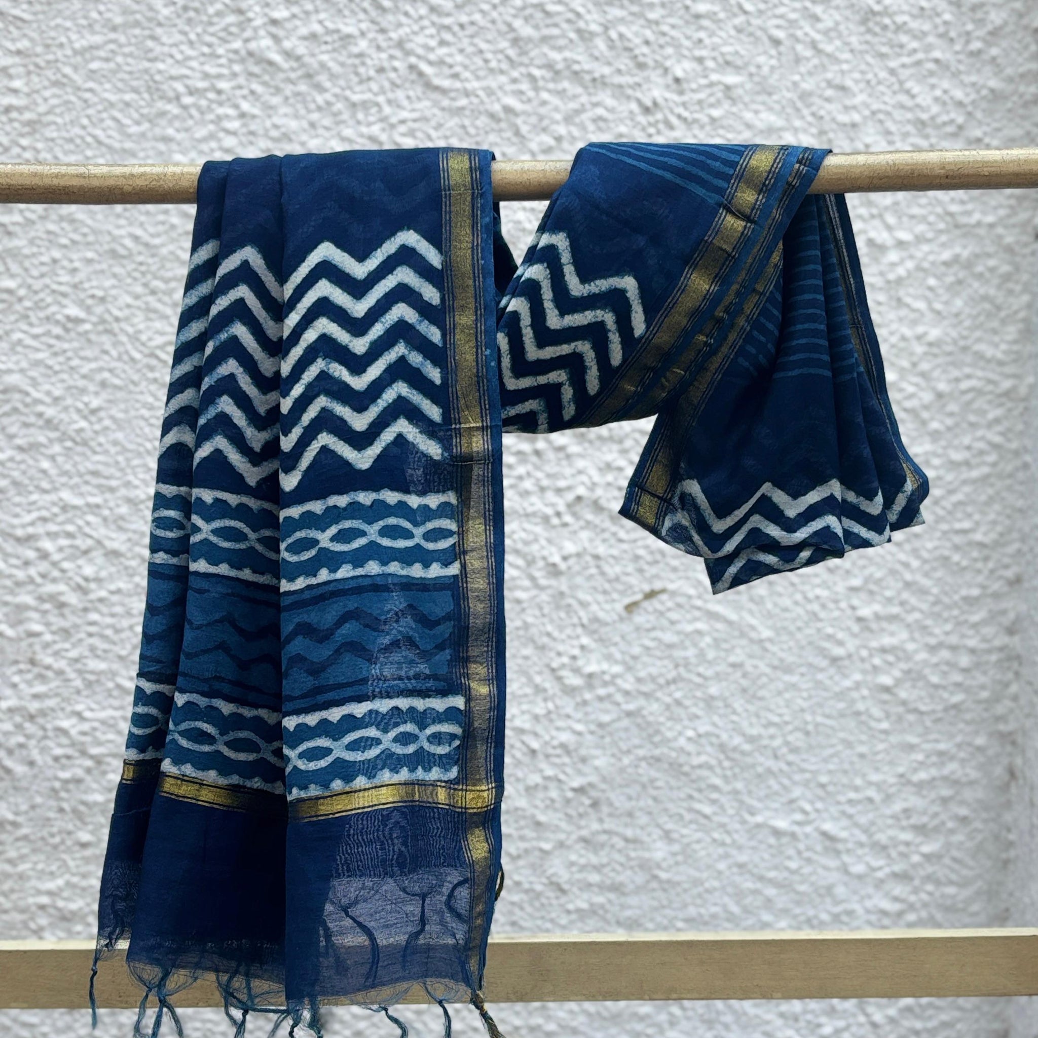 Indigo Zigzag Hand Block Printed Chanderi Zari Dupatta