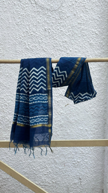 Indigo Zigzag Hand Block Printed Chanderi Zari Dupatta