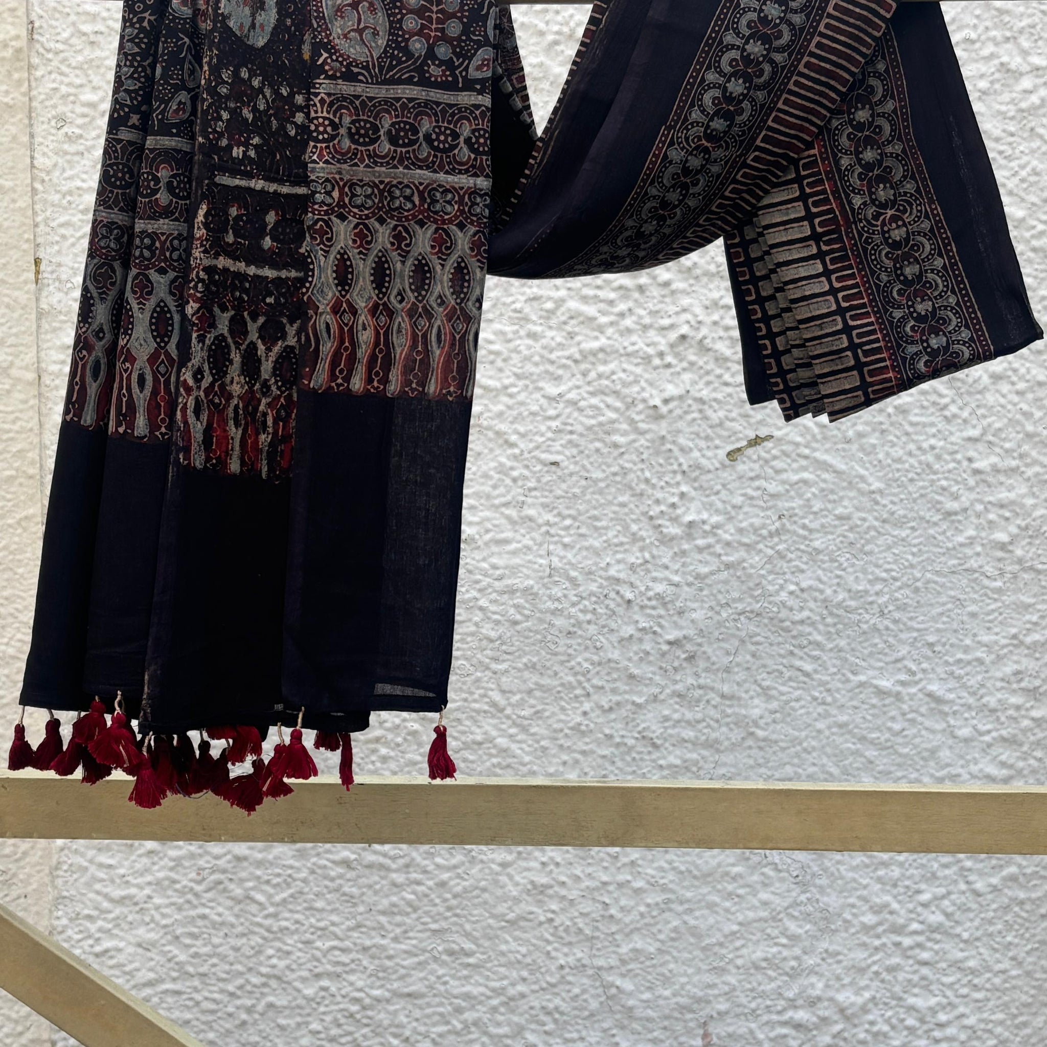 Black Hand Block Printed Ajrakh Dupatta