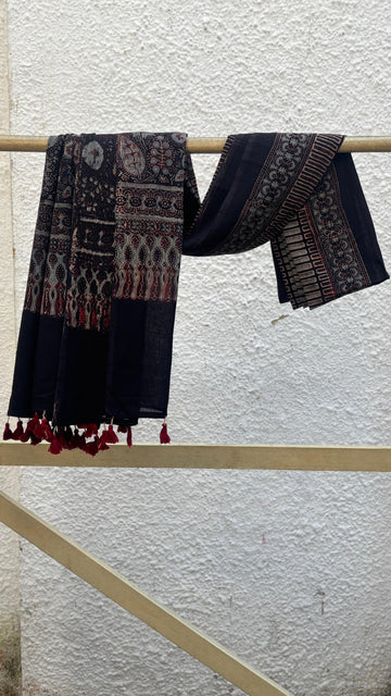 Black Hand Block Printed Ajrakh Dupatta