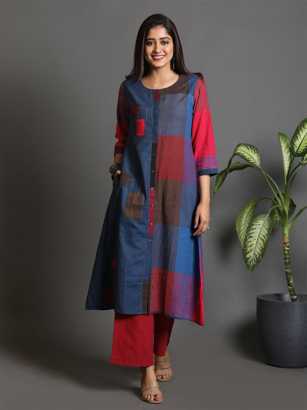 Red-Blue Checks Handwoven Front Open Half & Half Kurta with Red Flared Pants Co-ord Set (set of 2)
