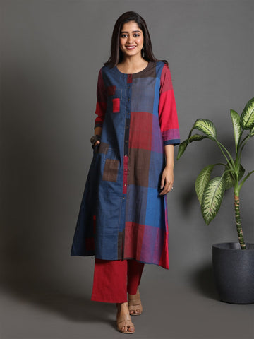 Red-Blue Checks Handwoven Front Open Half & Half Kurta with Red Flared Pants Co-ord Set (set of 2)