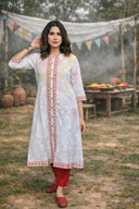 White Floral Printed Cotton A-Line Front Open Dress