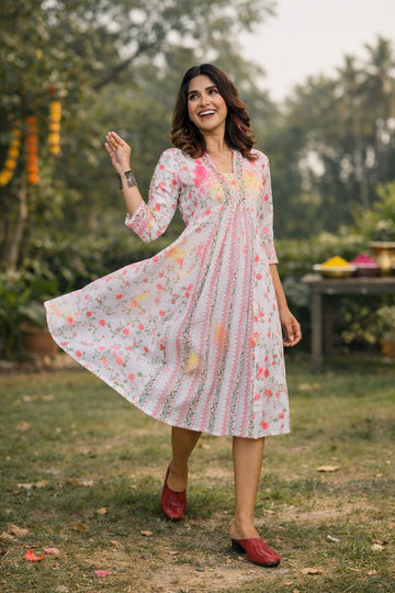 White Floral Printed Cotton Gathers Dress