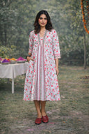 White Floral Printed Cotton Gathers Dress