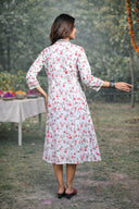 White Floral Printed Cotton Gathers Dress