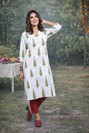 White Leaf Printed Cotton Straight Cut Kurta